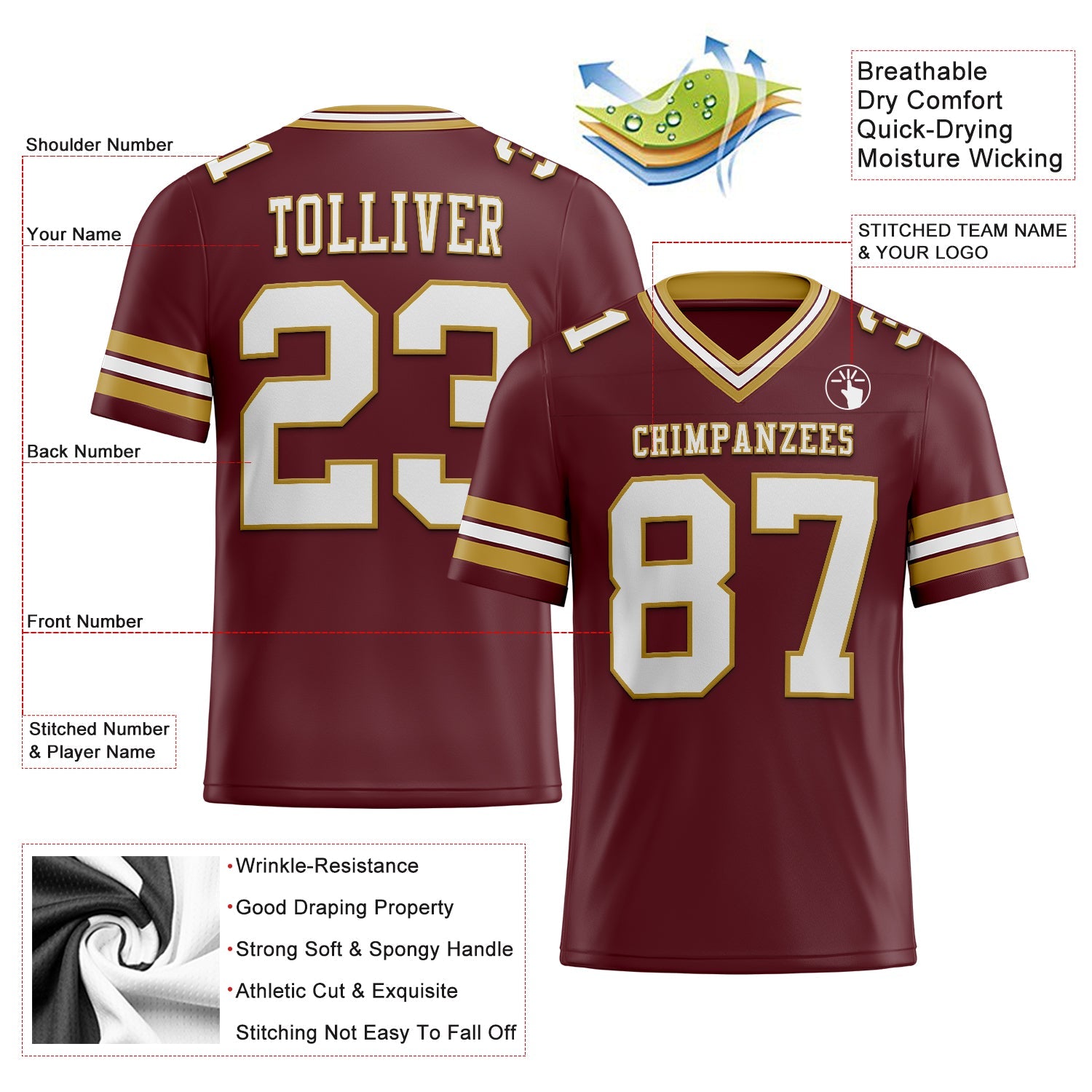 Custom Burgundy White-Old Gold Mesh Authentic Football Jersey - Sky-Custom