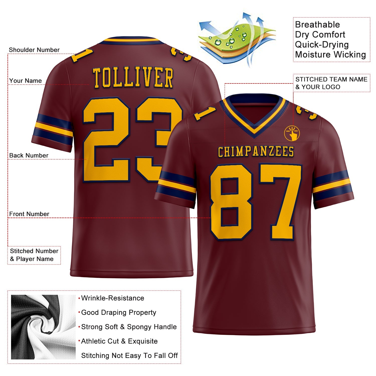 Custom Burgundy Gold-Navy Mesh Authentic Football Jersey - Sky-Custom