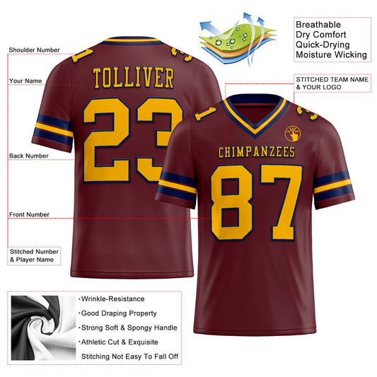 Custom Burgundy Gold-Navy Mesh Authentic Football Jersey - Sky-Custom