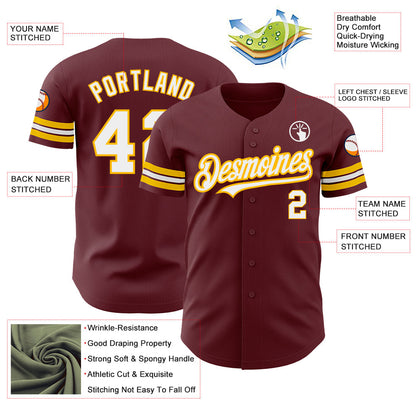 Custom Burgundy White-Gold Authentic Baseball Jersey - Sky-Custom
