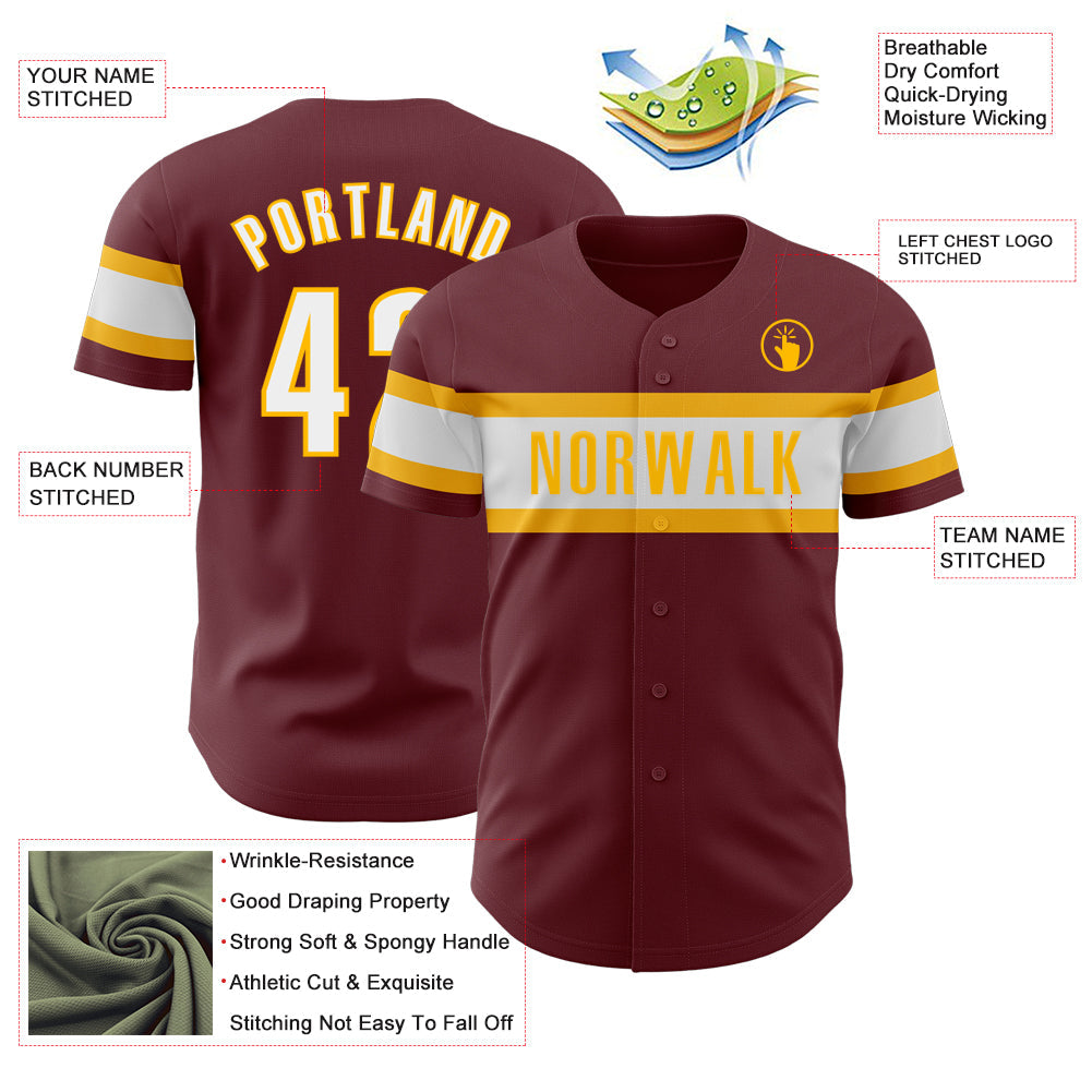 Custom Burgundy White-Gold Authentic Baseball Jersey - Sky-Custom