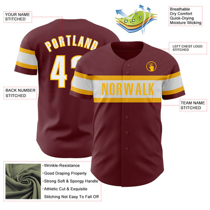 Custom Burgundy White-Gold Authentic Baseball Jersey - Sky-Custom