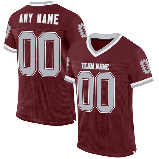 Custom Burgundy Gray-White Mesh Authentic Throwback Football Jersey - Sky-Custom