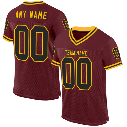 Custom Burgundy Black-Gold Mesh Authentic Throwback Football Jersey - Sky-Custom