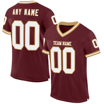 Custom Burgundy White-Old Gold Mesh Authentic Throwback Football Jersey - Sky-Custom