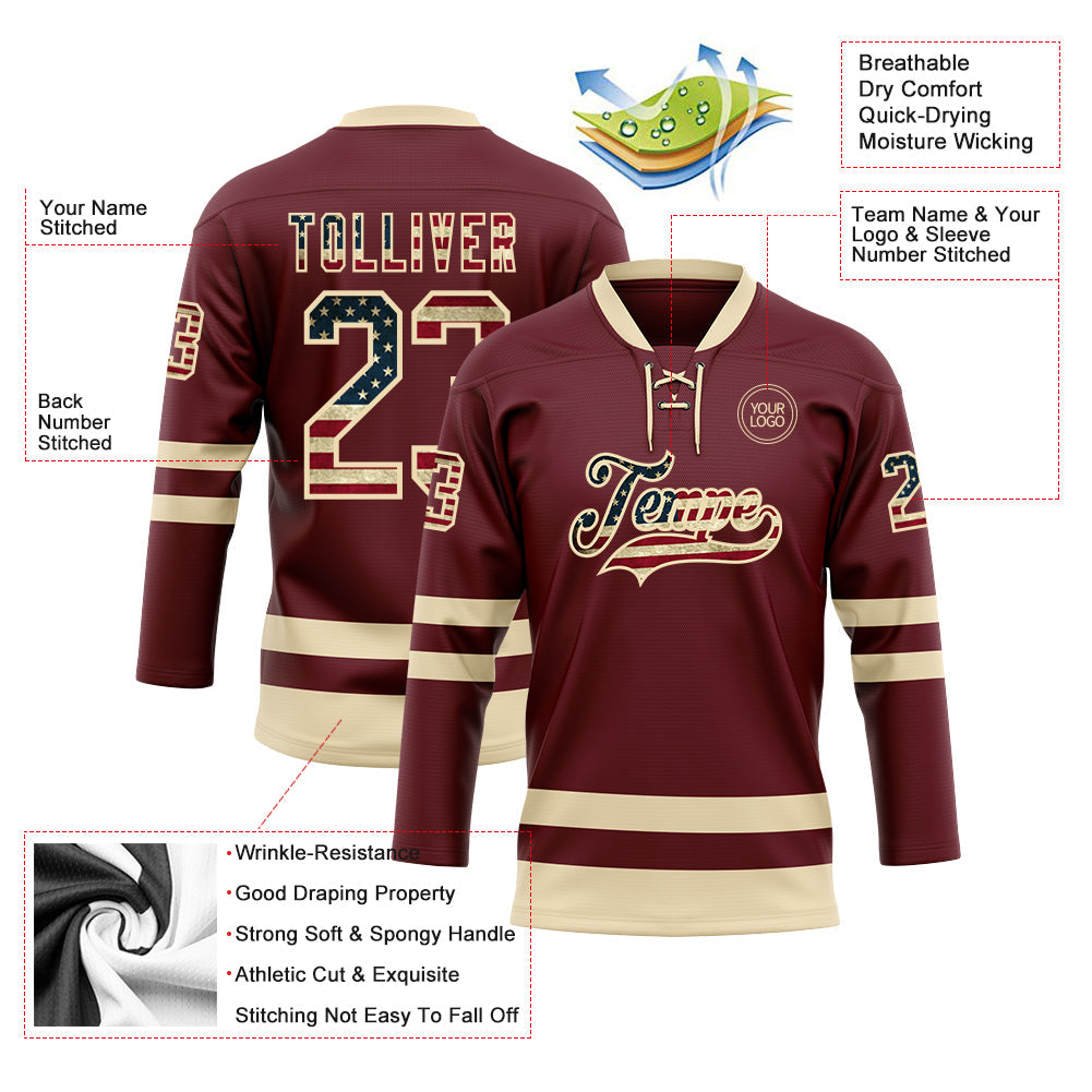 Custom Burgundy Vintage USA Flag-Cream Hockey Lace Neck Jersey - Sky-Custom