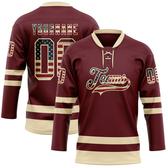 Custom Burgundy Vintage USA Flag-Cream Hockey Lace Neck Jersey - Sky-Custom