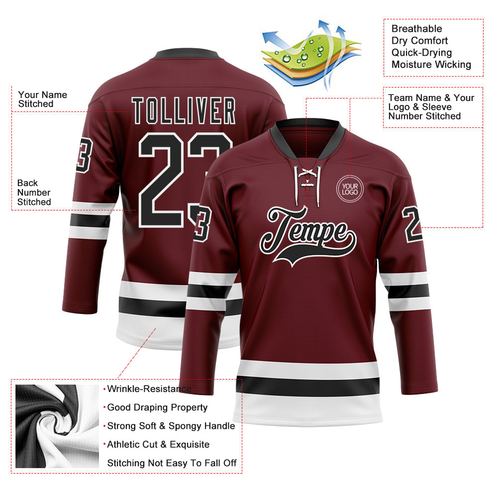 Custom Burgundy Black-White Hockey Lace Neck Jersey - Sky-Custom