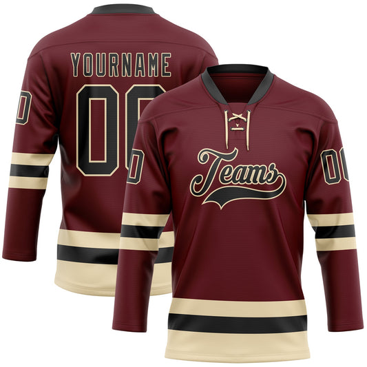 Custom Burgundy Black-Cream Hockey Lace Neck Jersey - Sky-Custom