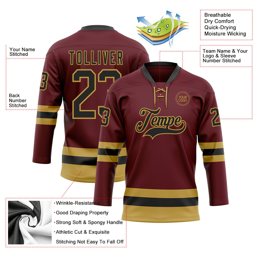 Custom Burgundy Black-Old Gold Hockey Lace Neck Jersey - Sky-Custom