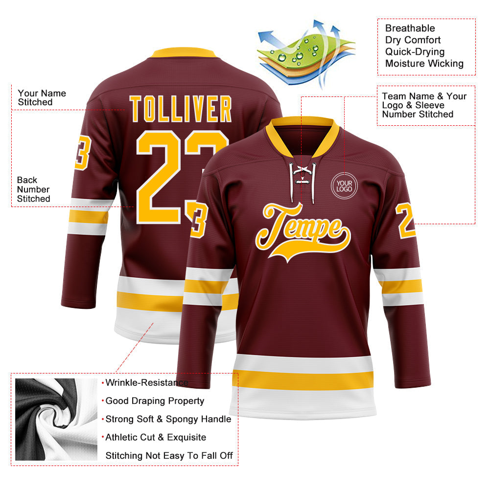 Custom Burgundy Gold-White Hockey Lace Neck Jersey - Sky-Custom