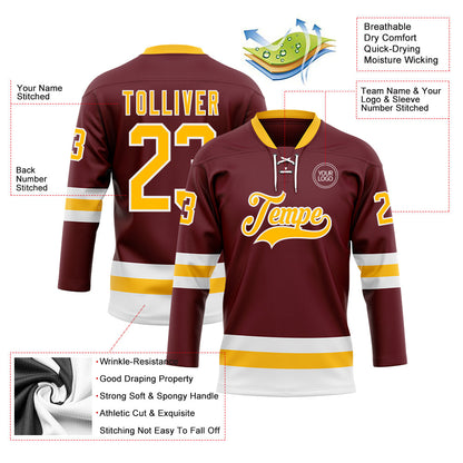 Custom Burgundy Gold-White Hockey Lace Neck Jersey - Sky-Custom