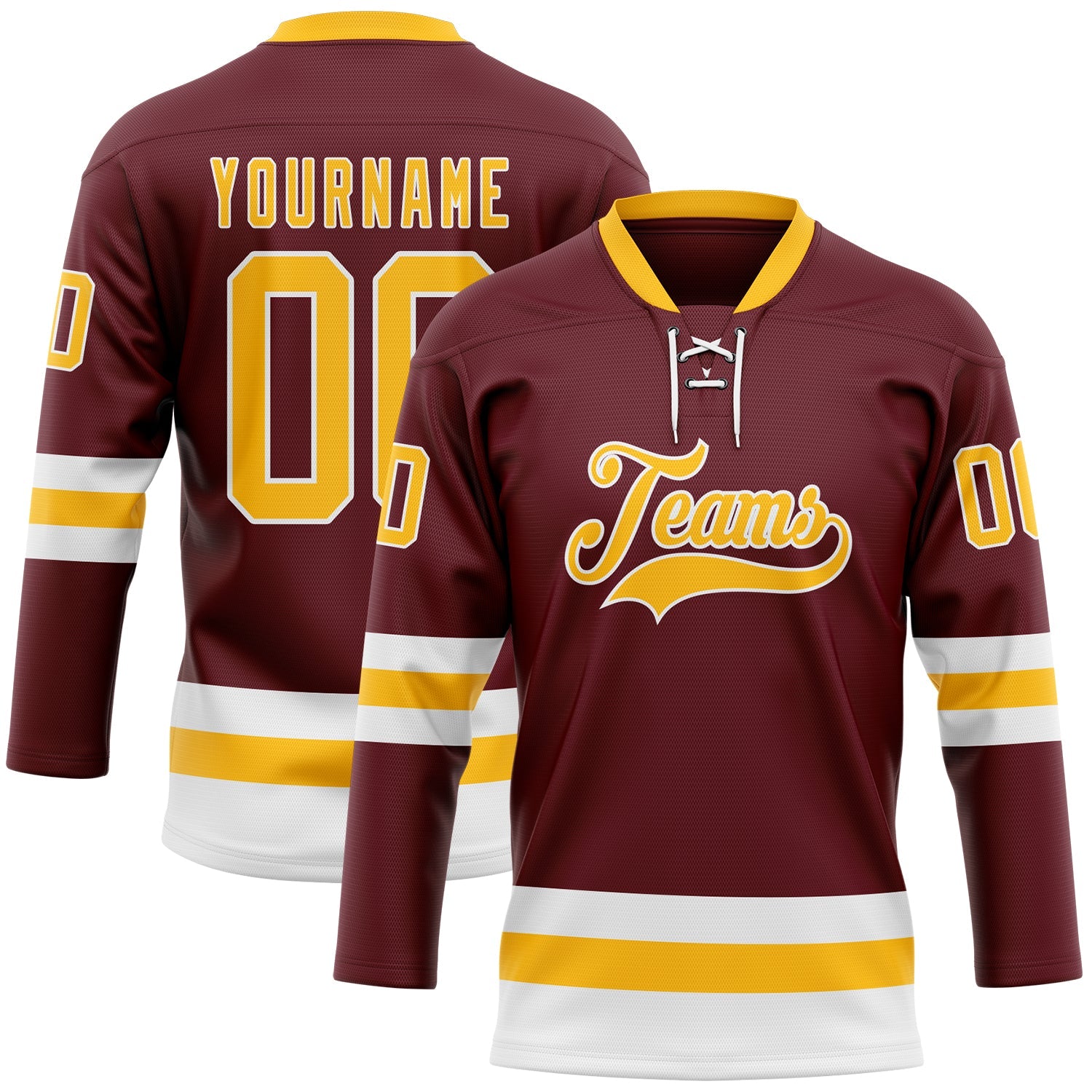 Custom Burgundy Gold-White Hockey Lace Neck Jersey - Sky-Custom