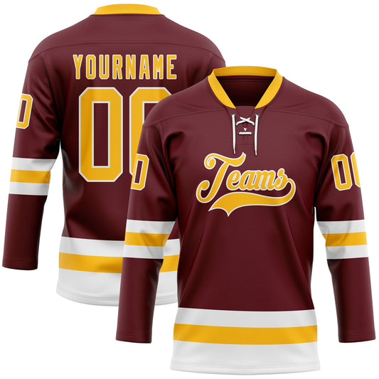 Custom Burgundy Gold-White Hockey Lace Neck Jersey - Sky-Custom
