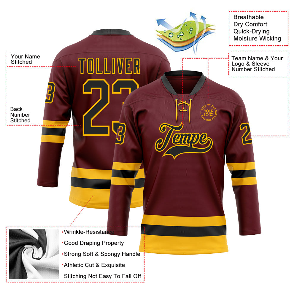 Custom Burgundy Black-Gold Hockey Lace Neck Jersey - Sky-Custom
