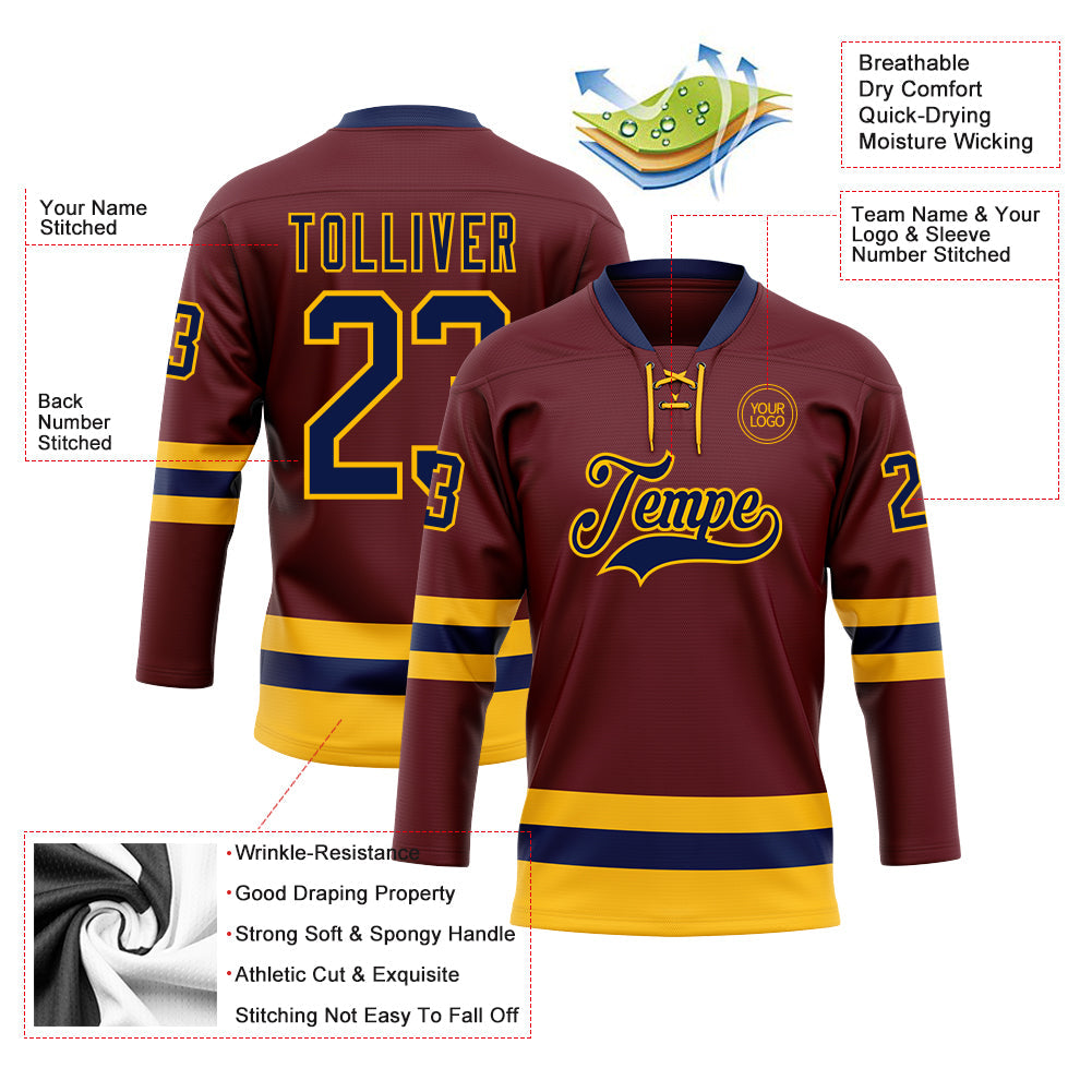 Custom Burgundy Navy-Gold Hockey Lace Neck Jersey - Sky-Custom