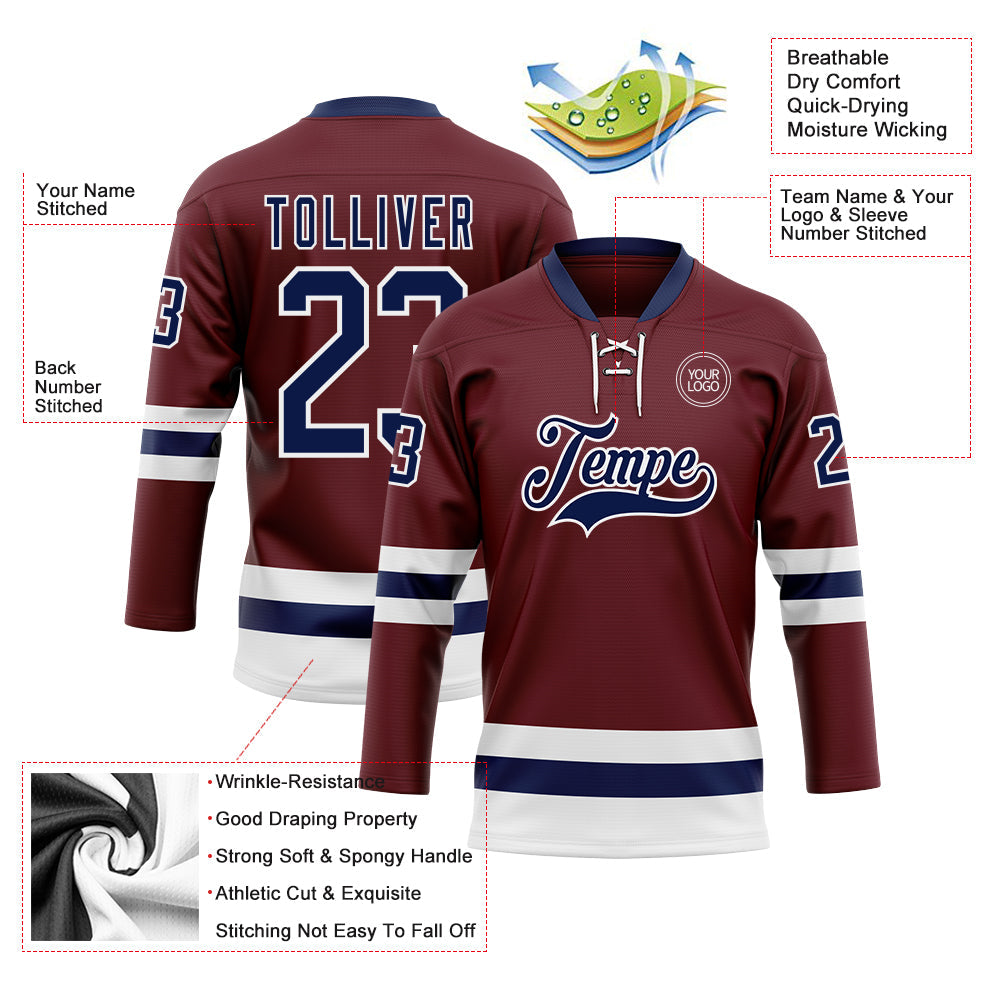 Custom Burgundy Navy-White Hockey Lace Neck Jersey - Sky-Custom