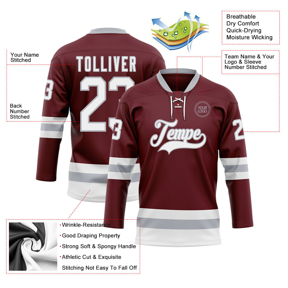 Custom Burgundy White-Gray Hockey Lace Neck Jersey - Sky-Custom