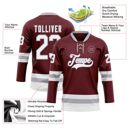 Custom Burgundy White-Gray Hockey Lace Neck Jersey - Sky-Custom