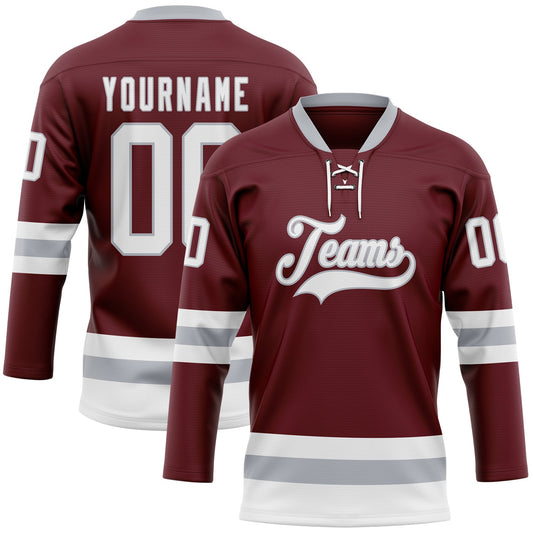 Custom Burgundy White-Gray Hockey Lace Neck Jersey - Sky-Custom