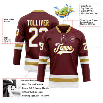 Custom Burgundy White-Old Gold Hockey Lace Neck Jersey - Sky-Custom