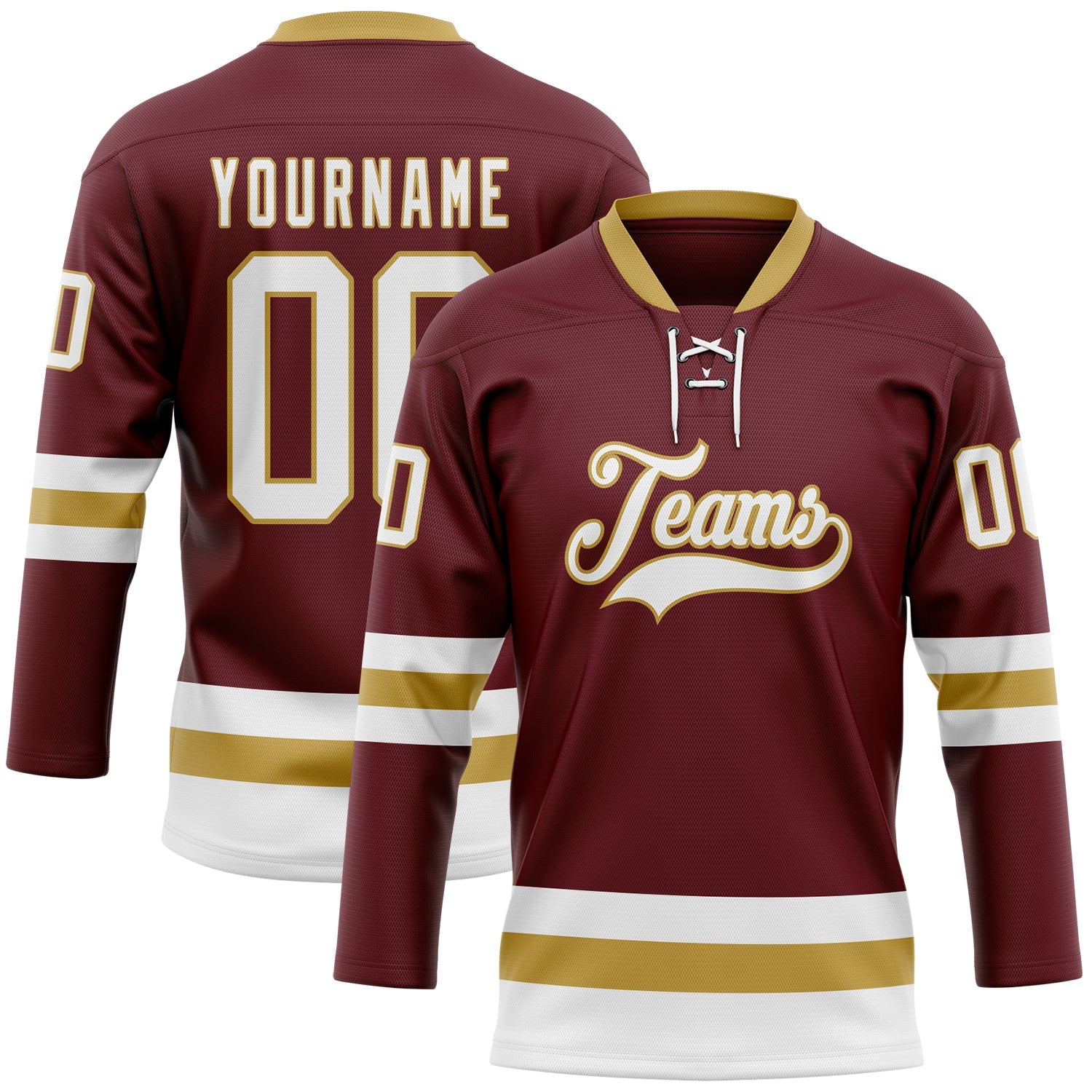 Custom Burgundy White-Old Gold Hockey Lace Neck Jersey - Sky-Custom