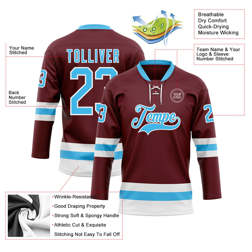 Custom Burgundy Sky Blue-White Hockey Lace Neck Jersey - Sky-Custom