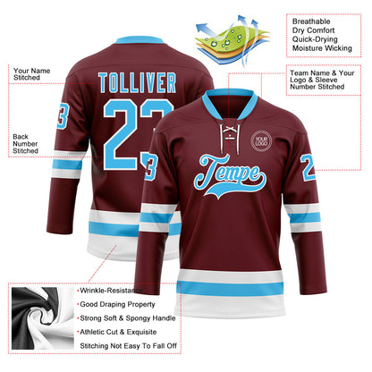 Custom Burgundy Sky Blue-White Hockey Lace Neck Jersey - Sky-Custom