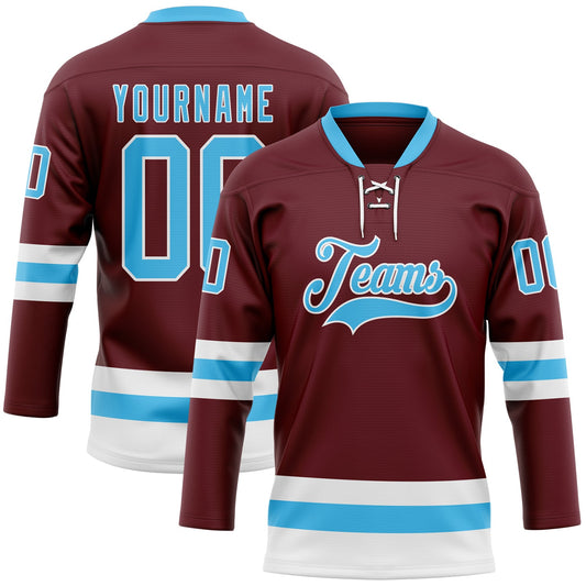 Custom Burgundy Sky Blue-White Hockey Lace Neck Jersey - Sky-Custom