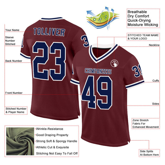 Custom Burgundy Navy-White Mesh Authentic Throwback Football Jersey - Sky-Custom