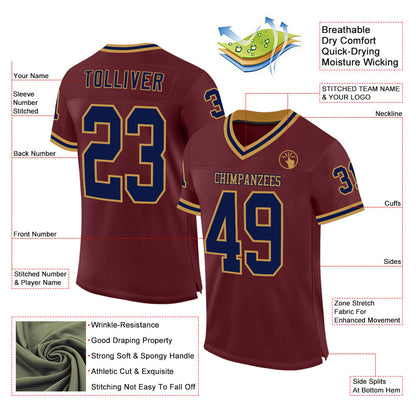 Custom Burgundy Navy-Old Gold Mesh Authentic Throwback Football Jersey - Sky-Custom
