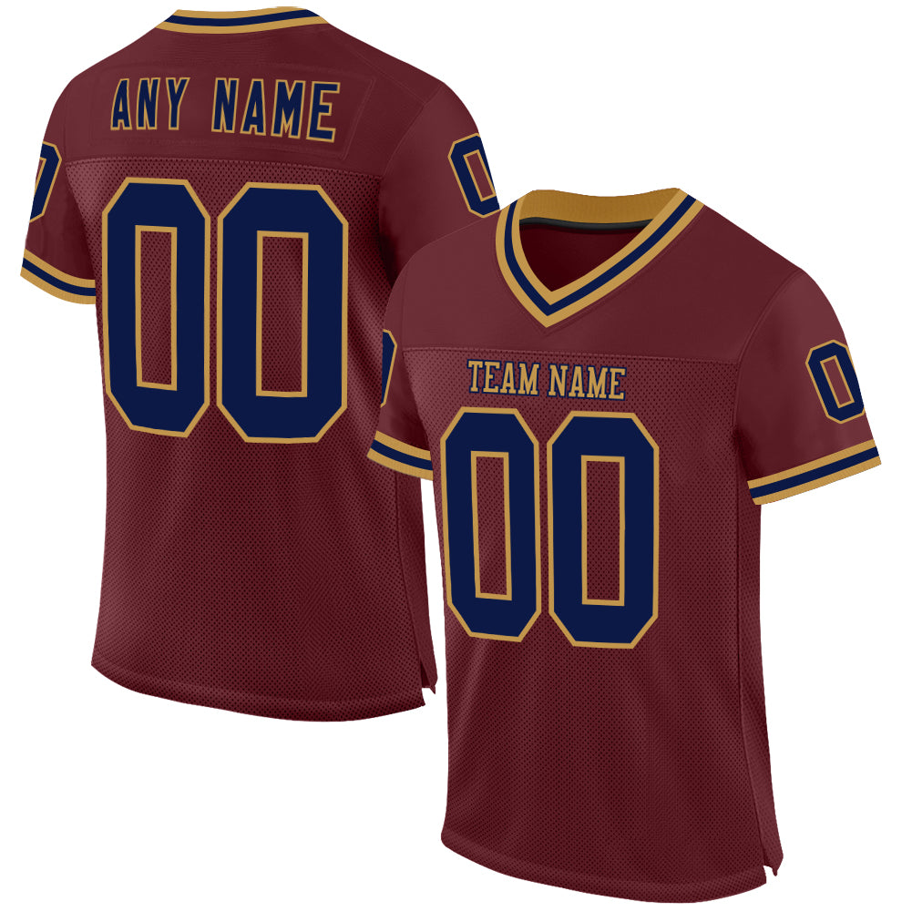 Custom Burgundy Navy-Old Gold Mesh Authentic Throwback Football Jersey - Sky-Custom