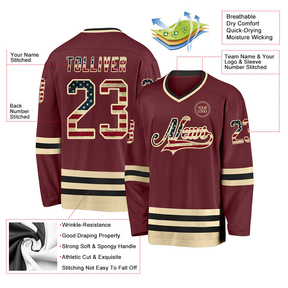 Custom Burgundy Vintage USA Flag Cream-Black Hockey Jersey - Sky-Custom