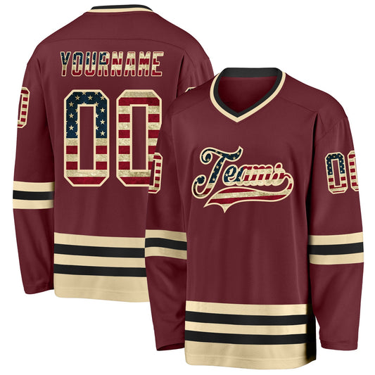 Custom Burgundy Vintage USA Flag Cream-Black Hockey Jersey - Sky-Custom