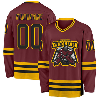 Custom Burgundy Black-Gold Hockey Jersey - Sky-Custom