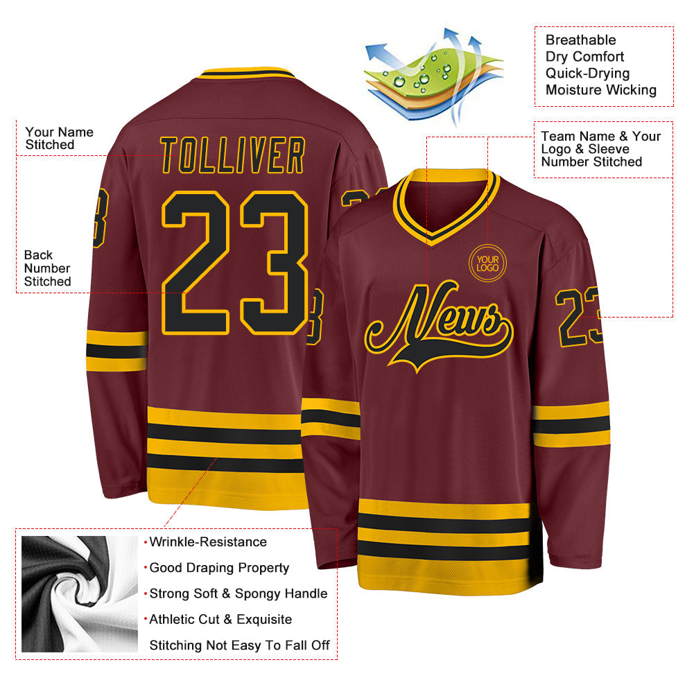 Custom Burgundy Black-Gold Hockey Jersey - Sky-Custom