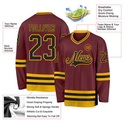 Custom Burgundy Black-Gold Hockey Jersey - Sky-Custom
