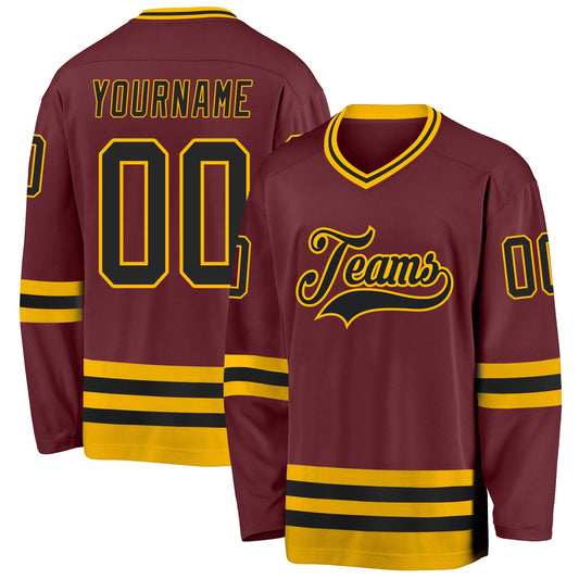 Custom Burgundy Black-Gold Hockey Jersey - Sky-Custom