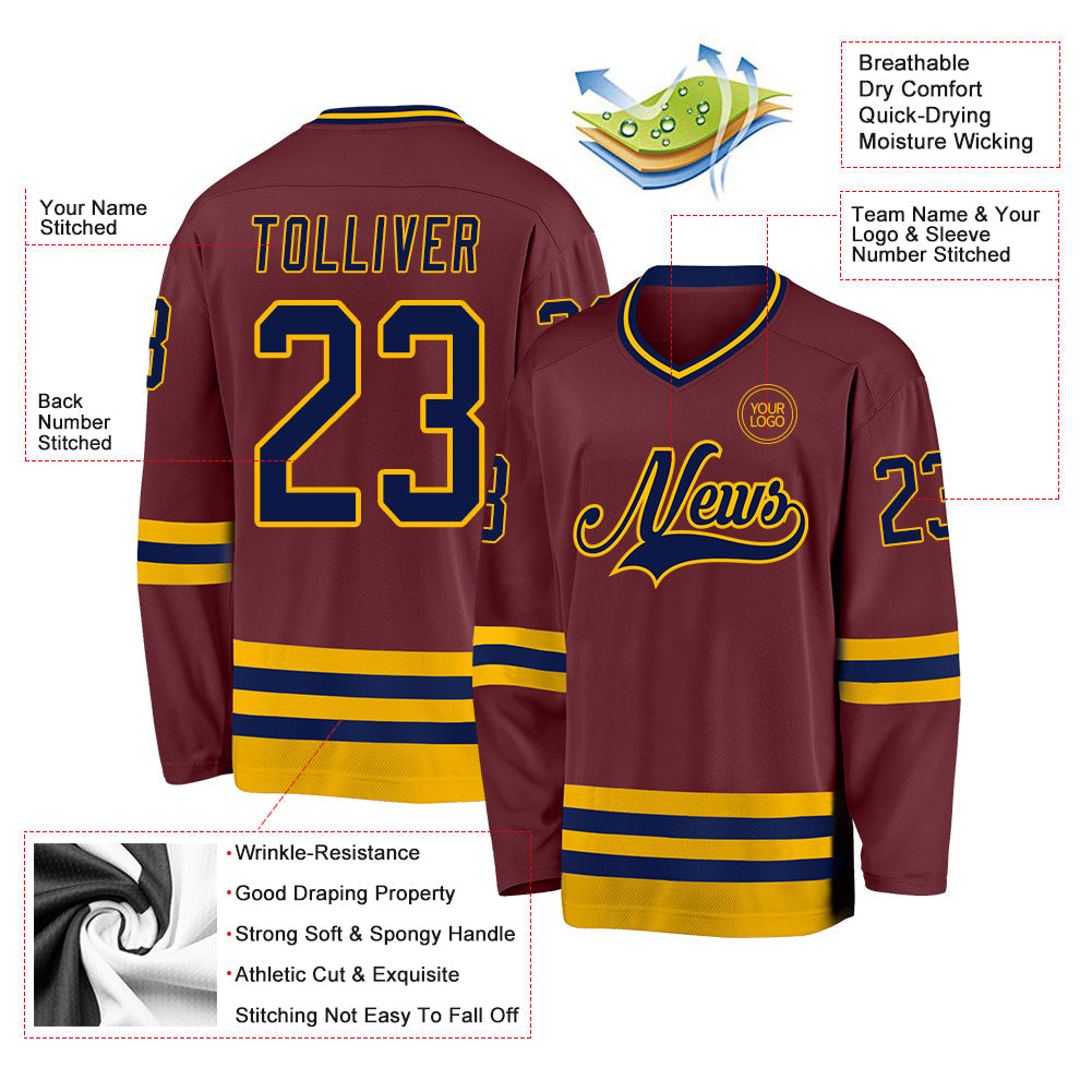 Custom Burgundy Navy-Gold Hockey Jersey - Sky-Custom