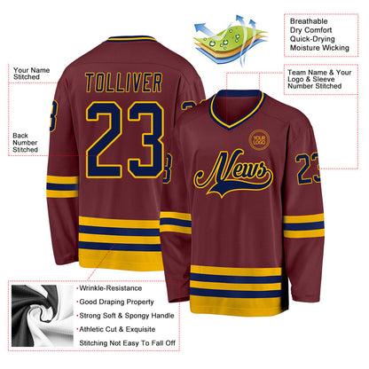 Custom Burgundy Navy-Gold Hockey Jersey - Sky-Custom