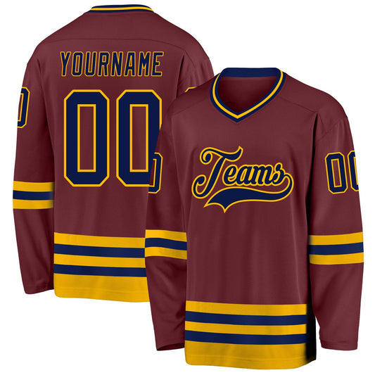 Custom Burgundy Navy-Gold Hockey Jersey - Sky-Custom