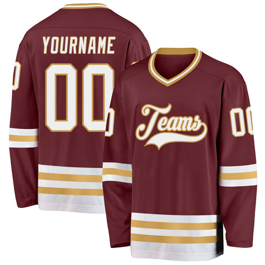Custom Burgundy White-Old Gold Hockey Jersey - Sky-Custom