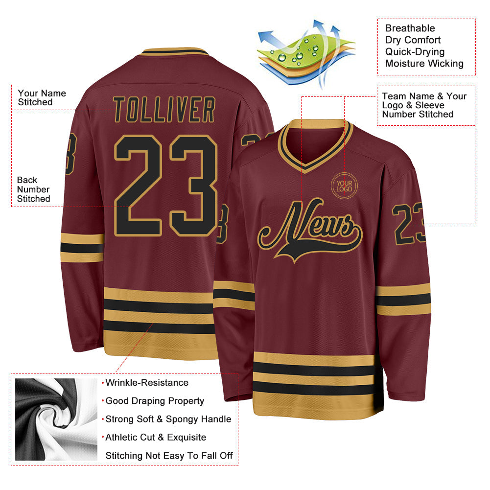 Custom Burgundy Black-Old Gold Hockey Jersey - Sky-Custom
