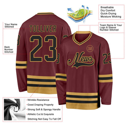 Custom Burgundy Black-Old Gold Hockey Jersey - Sky-Custom