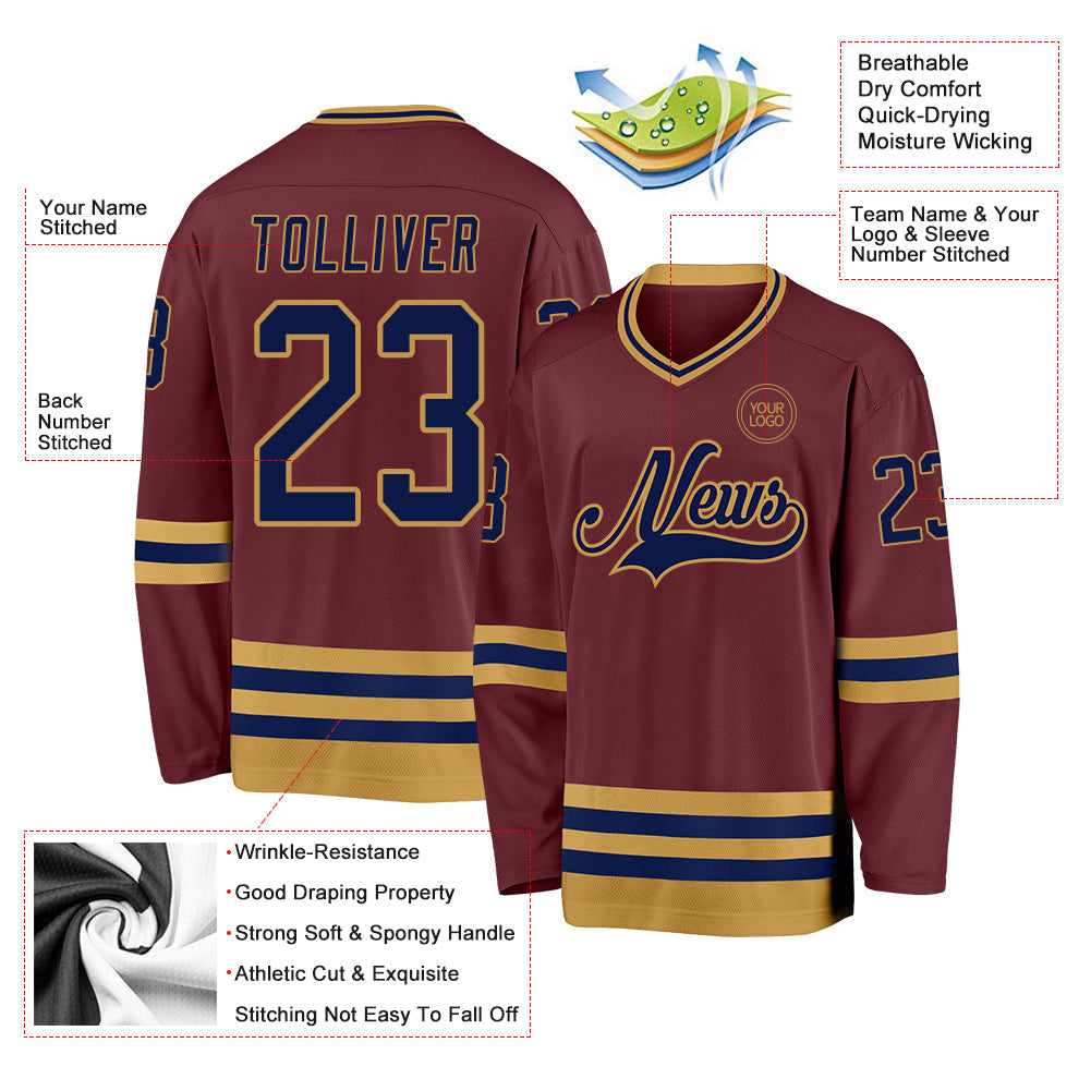 Custom Burgundy Navy-Old Gold Hockey Jersey - Sky-Custom