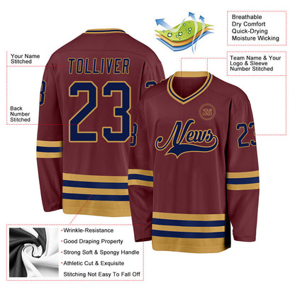 Custom Burgundy Navy-Old Gold Hockey Jersey - Sky-Custom