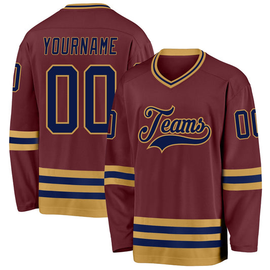 Custom Burgundy Navy-Old Gold Hockey Jersey - Sky-Custom