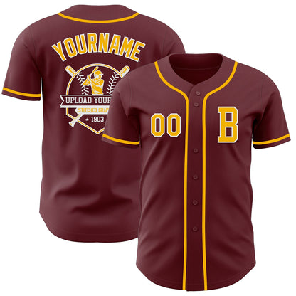 Custom Burgundy Gold-White Authentic Baseball Jersey - Sky-Custom