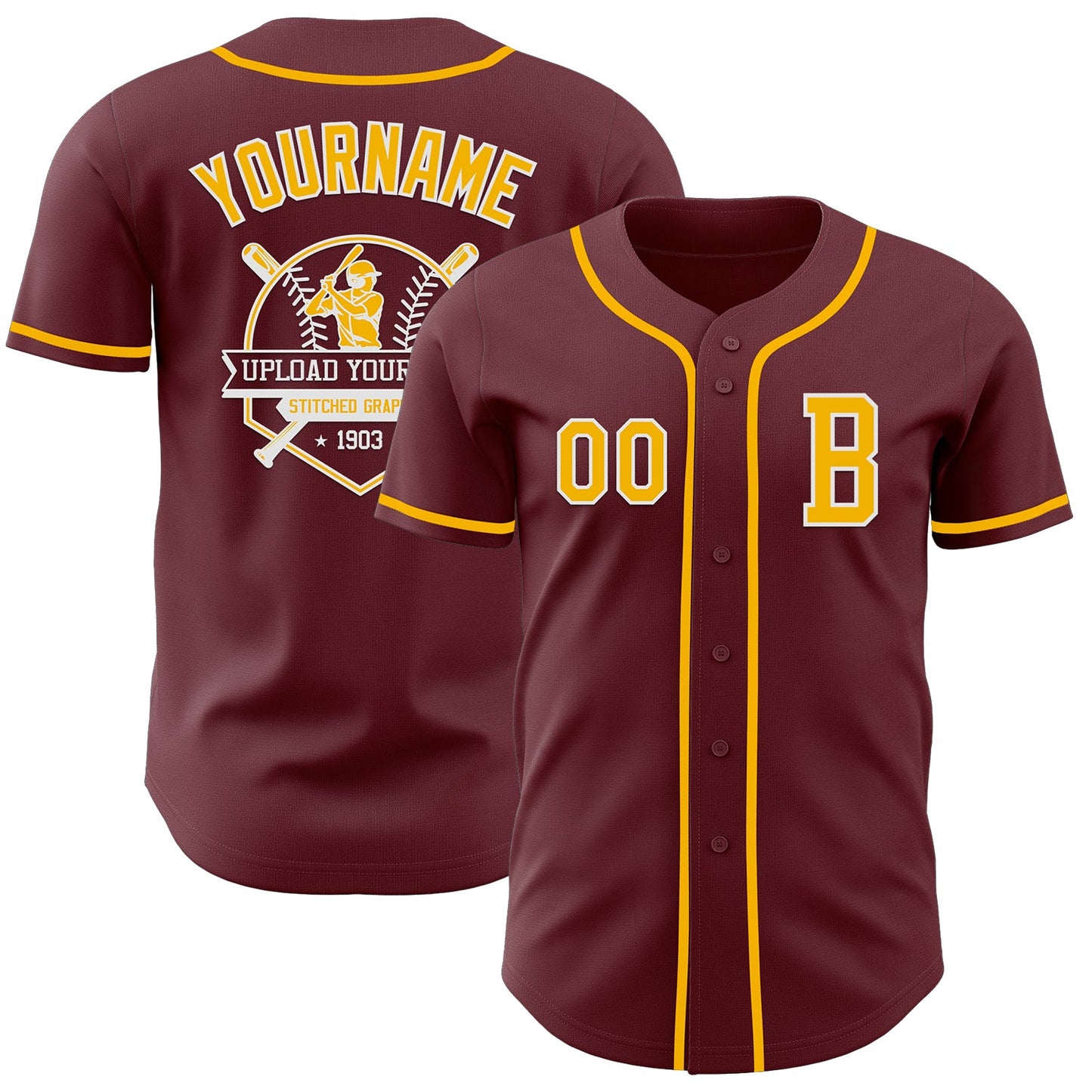 Custom Burgundy Gold-White Authentic Baseball Jersey - Sky-Custom