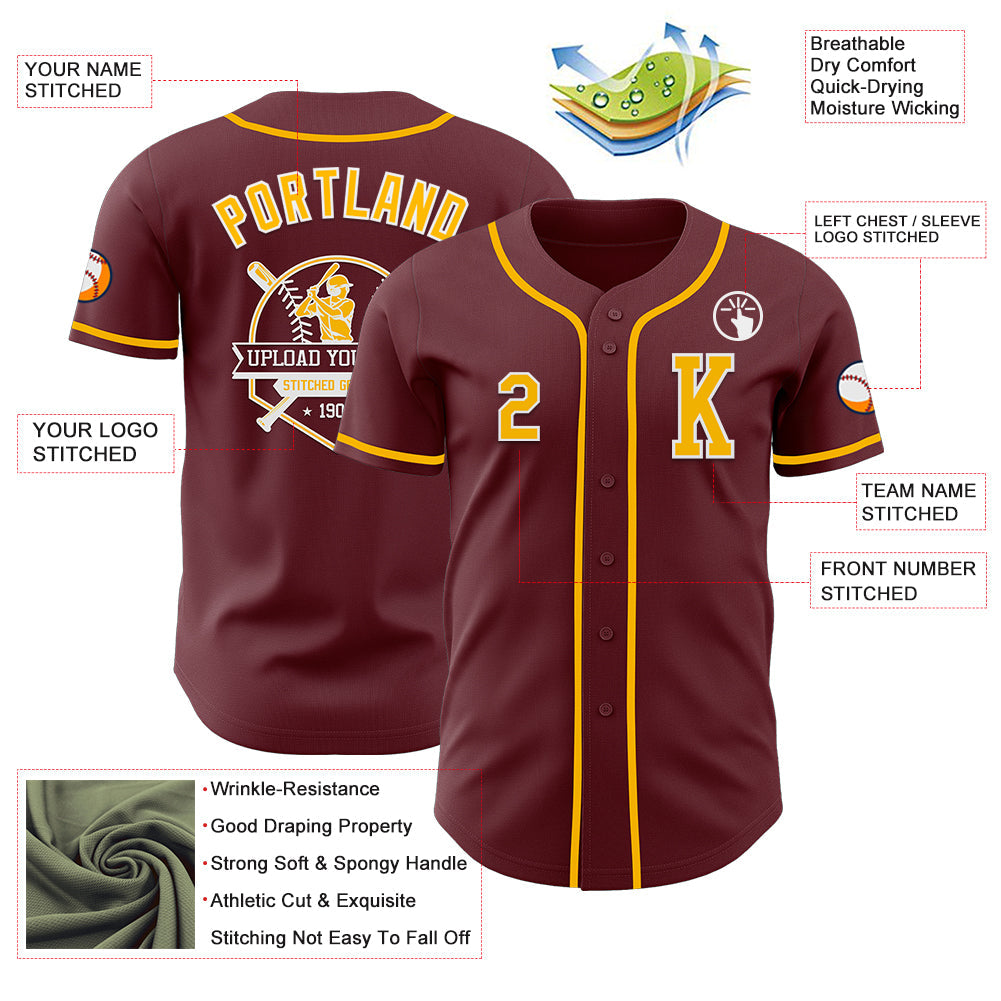 Custom Burgundy Gold-White Authentic Baseball Jersey - Sky-Custom